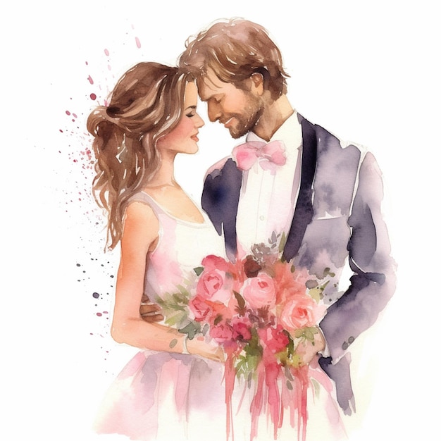 There is a watercolor painting of a bride and groom generative ai