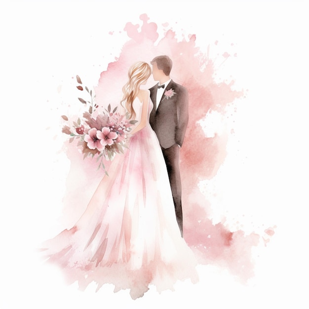 Photo there is a watercolor painting of a bride and groom generative ai