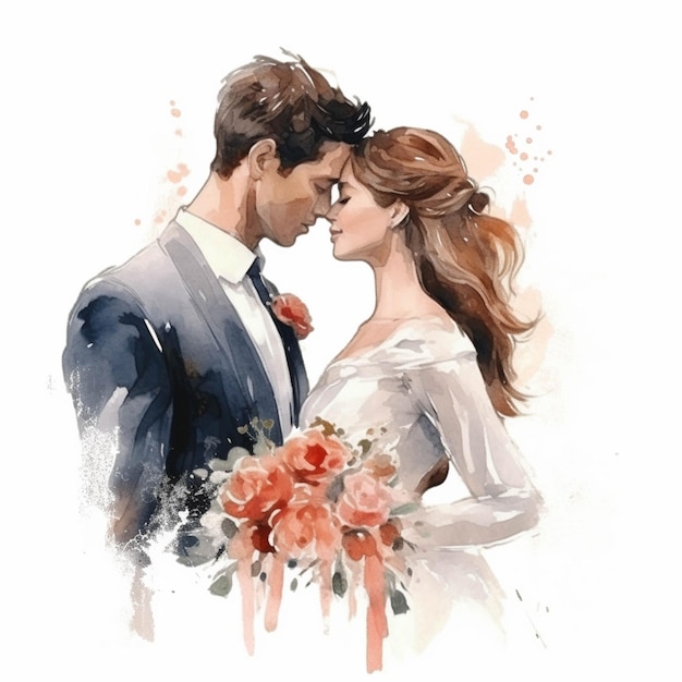 There is a watercolor painting of a bride and groom generative ai