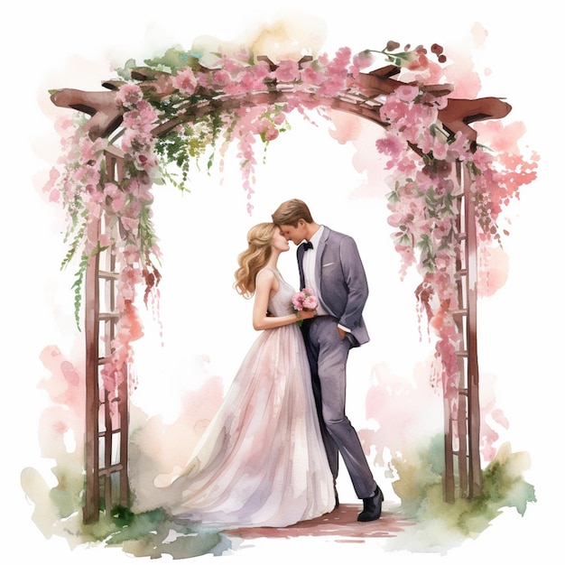 Photo there is a watercolor painting of a bride and groom kissing under a floral arch generative ai