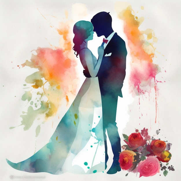 Photo there is a watercolor painting of a bride and groom kissing generative ai