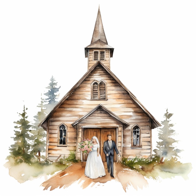 there is a watercolor painting of a bride and groom outside a church generative ai