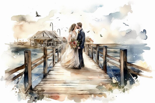 Photo there is a watercolor painting of a bride and groom on a pier generative ai