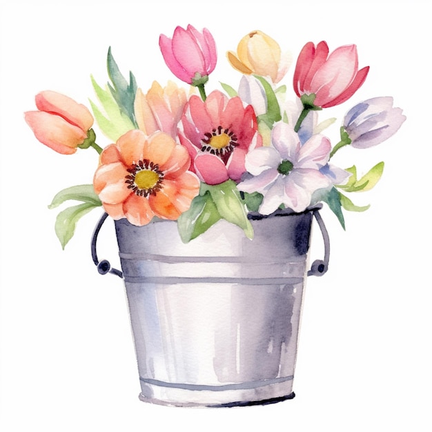 there is a watercolor painting of a bucket of flowers generative ai