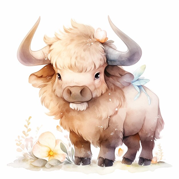 Photo there is a watercolor painting of a bull with a bow on its head generative ai