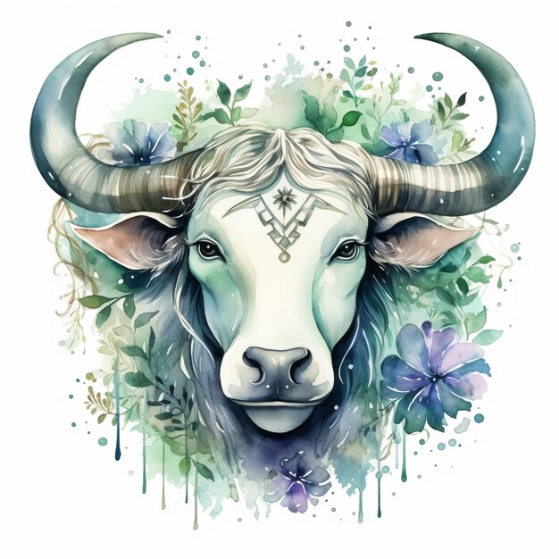 there is a watercolor painting of a bull with flowers around it generative ai