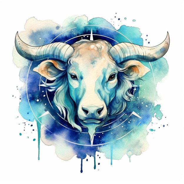 There is a watercolor painting of a bull with horns generative ai