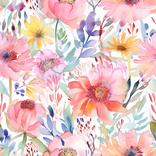 Photo there is a watercolor painting of a bunch of flowers generative ai