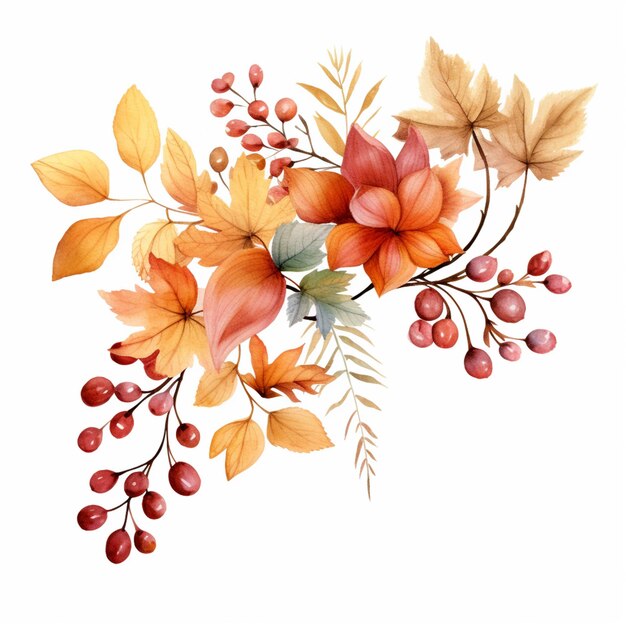 There is a watercolor painting of a bunch of flowers and leaves generative ai