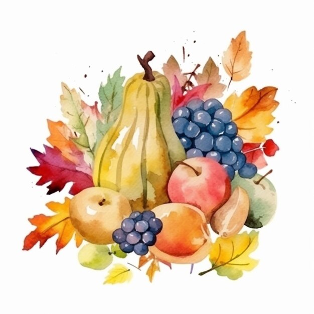 there is a watercolor painting of a bunch of fruits generative ai