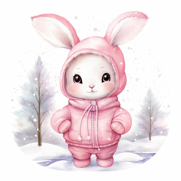 there is a watercolor painting of a bunny in a pink coat generative ai