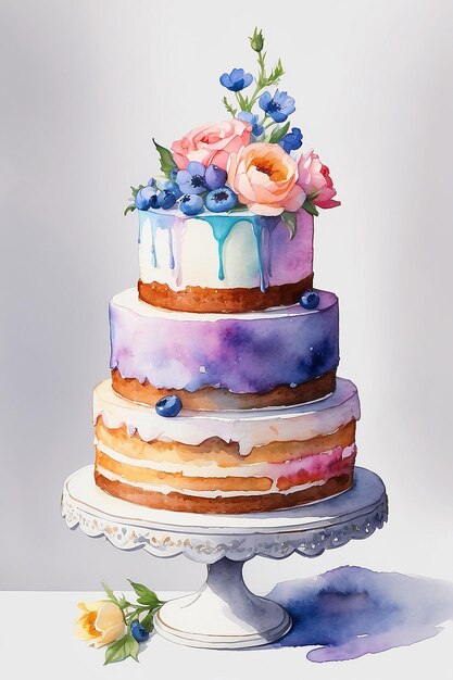 There is a watercolor painting of a cake with flowers on it generative ai