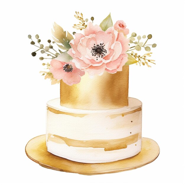 There is a watercolor painting of a cake with flowers on top generative ai
