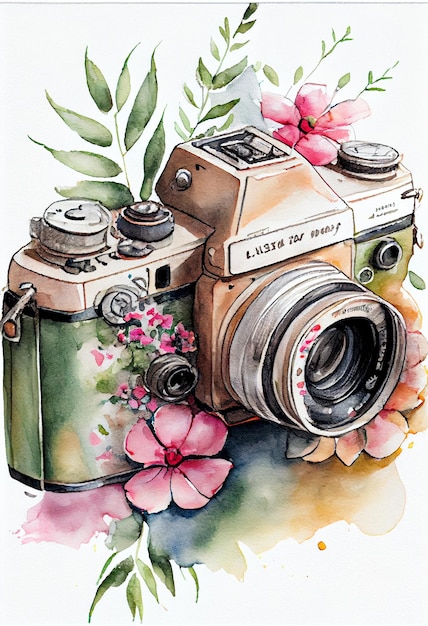 Photo there is a watercolor painting of a camera and flowers generative ai