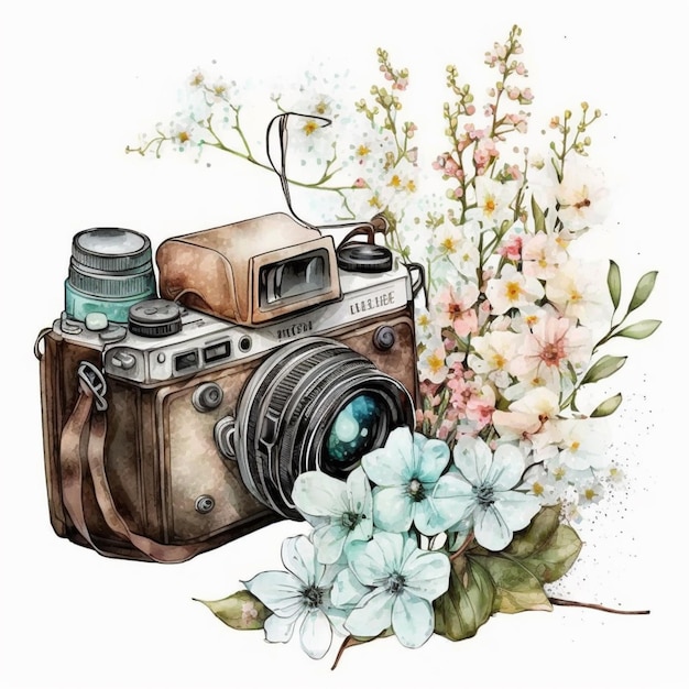 There is a watercolor painting of a camera and flowers generative ai