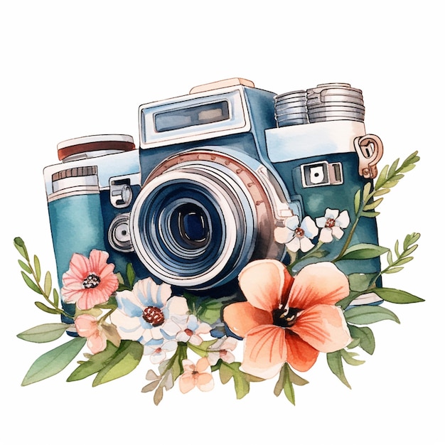 Photo there is a watercolor painting of a camera with flowers generative ai