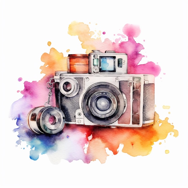 there is a watercolor painting of a camera with a lens generative ai