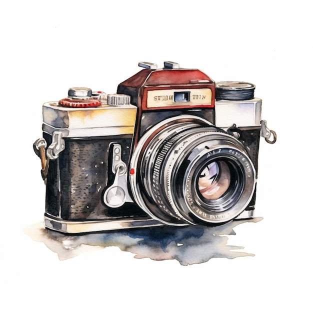 There is a watercolor painting of a camera with a lens generative ai