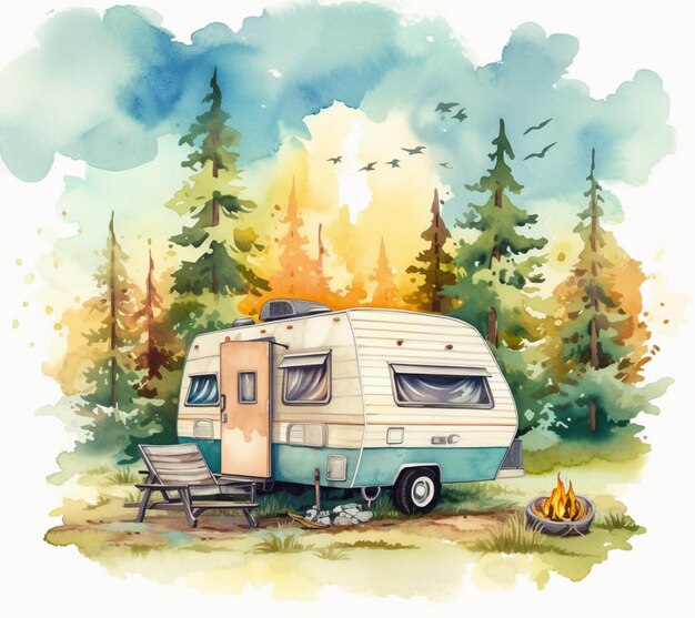 there is a watercolor painting of a camper trailer parked in the woods generative ai