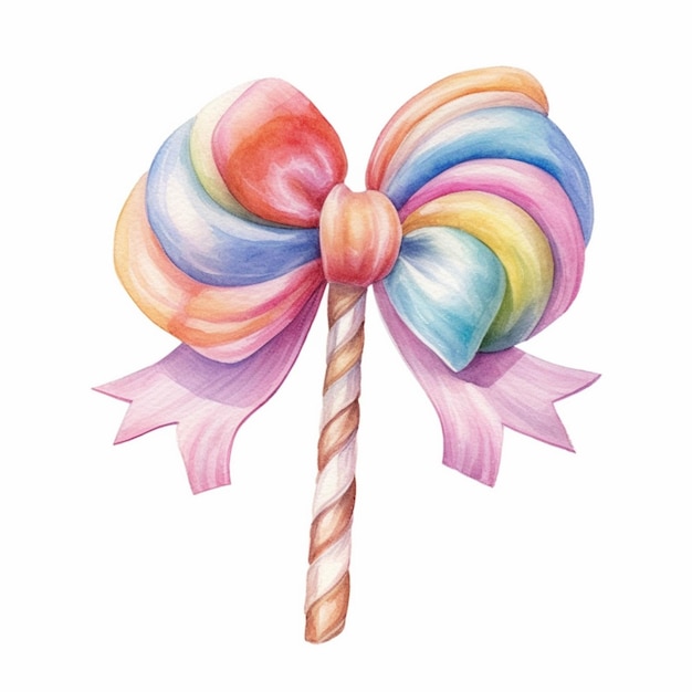 There is a watercolor painting of a candy lollipop with a bow generative ai