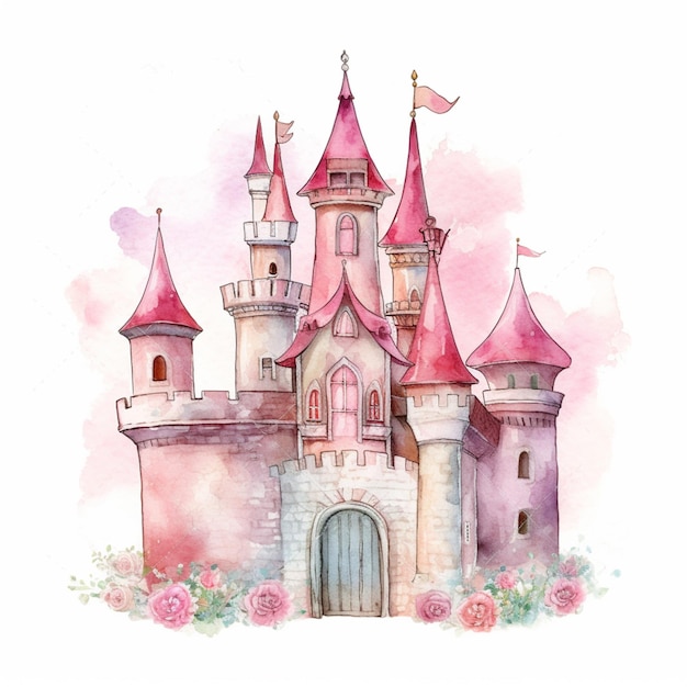There is a watercolor painting of a castle with a flag on top generative ai