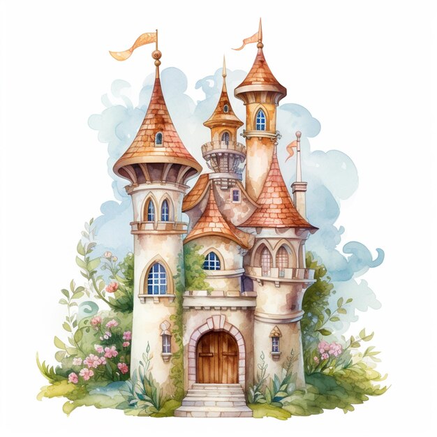 there is a watercolor painting of a castle with a flag on top generative ai