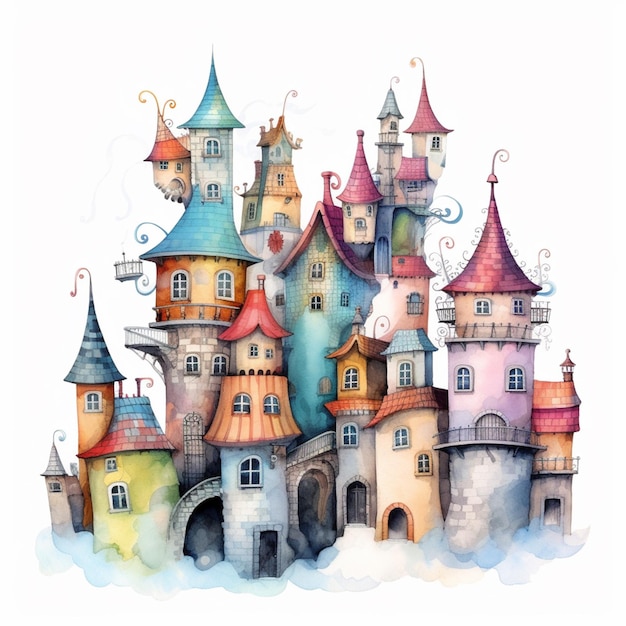 There is a watercolor painting of a castle with many towers generative ai