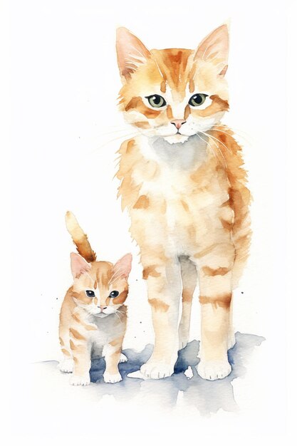 There is a watercolor painting of a cat and a kitten generative ai