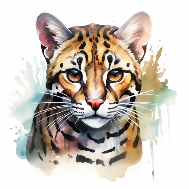 there is a watercolor painting of a cat with a big face generative ai