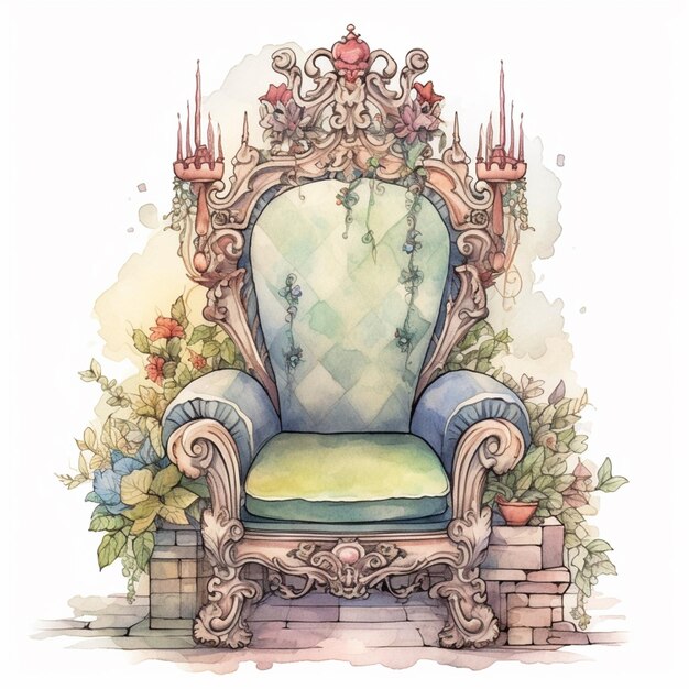 Photo there is a watercolor painting of a chair with a green cushion generative ai