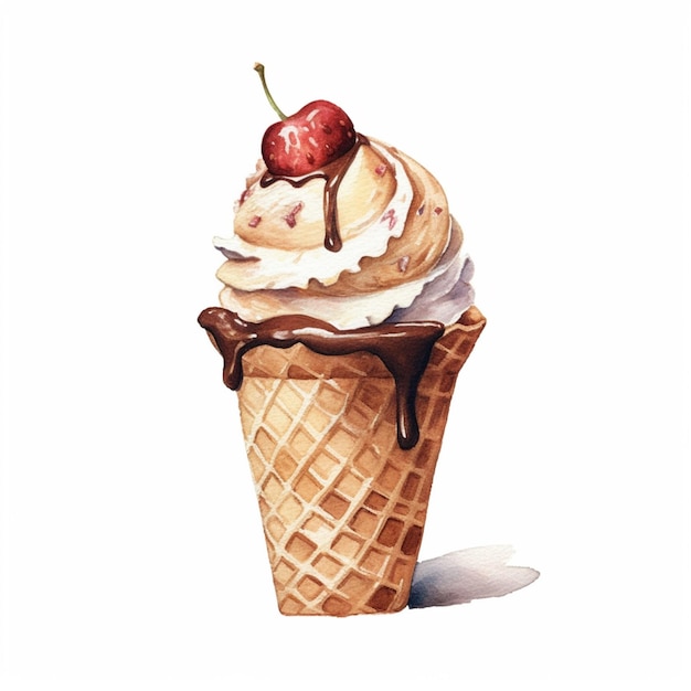 There is a watercolor painting of a chocolate ice cream cone with a cherry on top generative ai