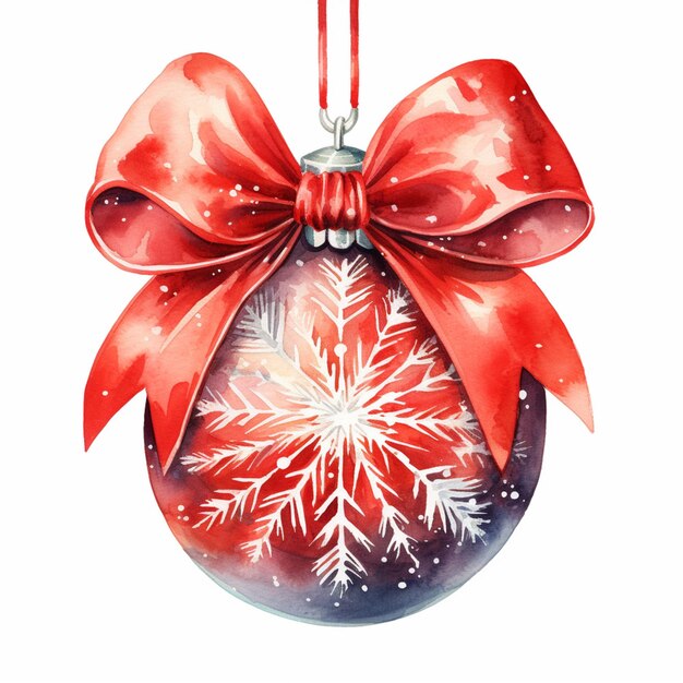 Photo there is a watercolor painting of a christmas ornament with a red bow generative ai