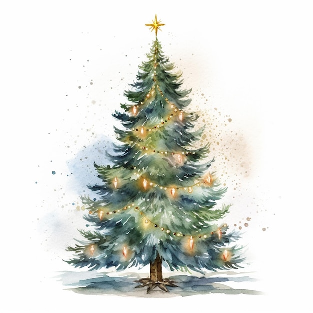 there is a watercolor painting of a christmas tree with lights generative ai