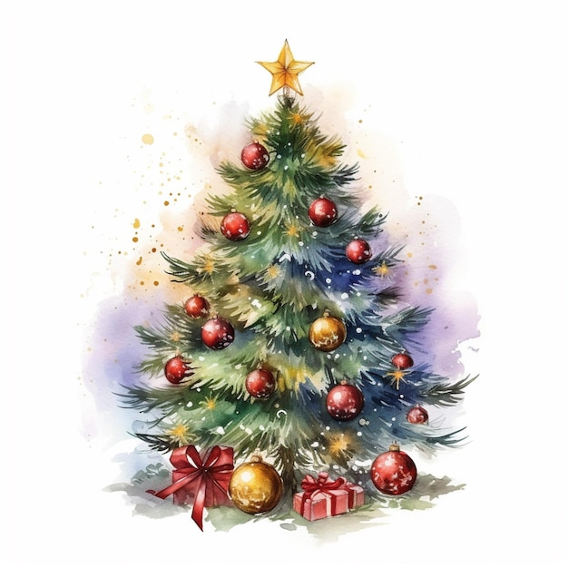 there is a watercolor painting of a christmas tree with ornaments generative ai