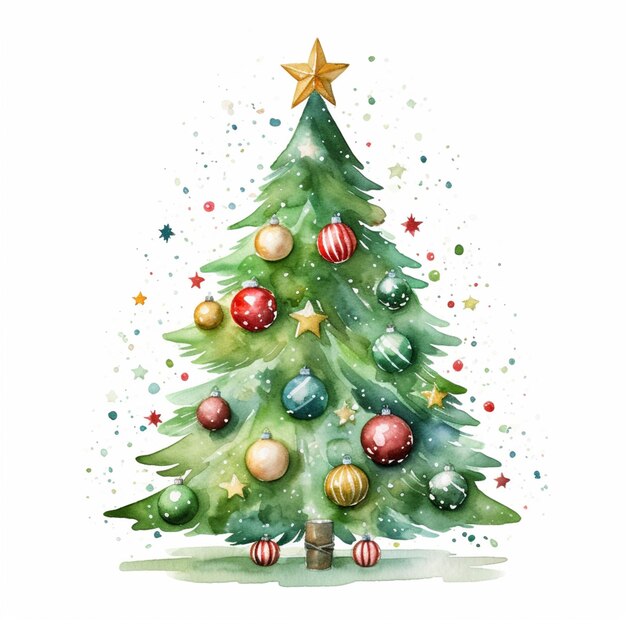 there is a watercolor painting of a christmas tree with ornaments generative ai