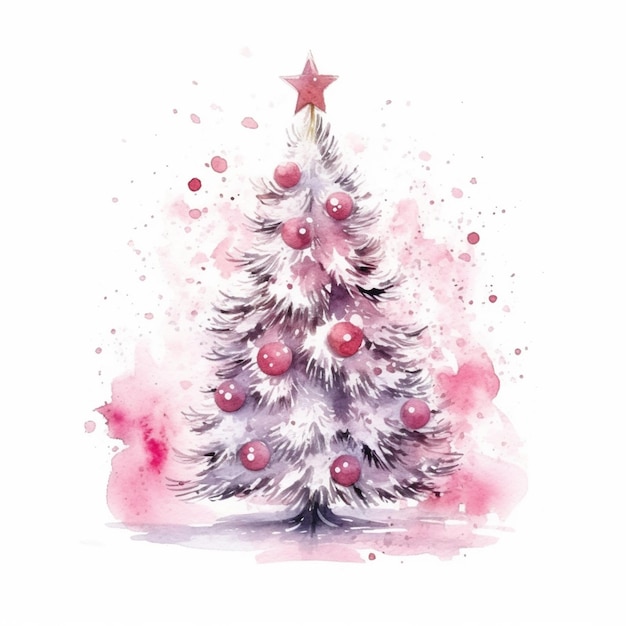 there is a watercolor painting of a christmas tree with ornaments generative ai