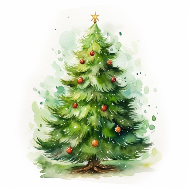 There is a watercolor painting of a christmas tree with ornaments generative ai