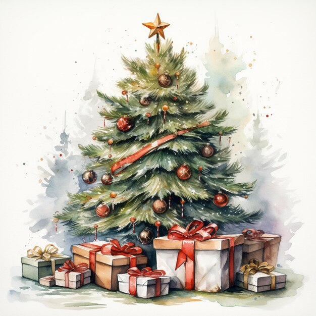 there is a watercolor painting of a christmas tree with presents generativ ai