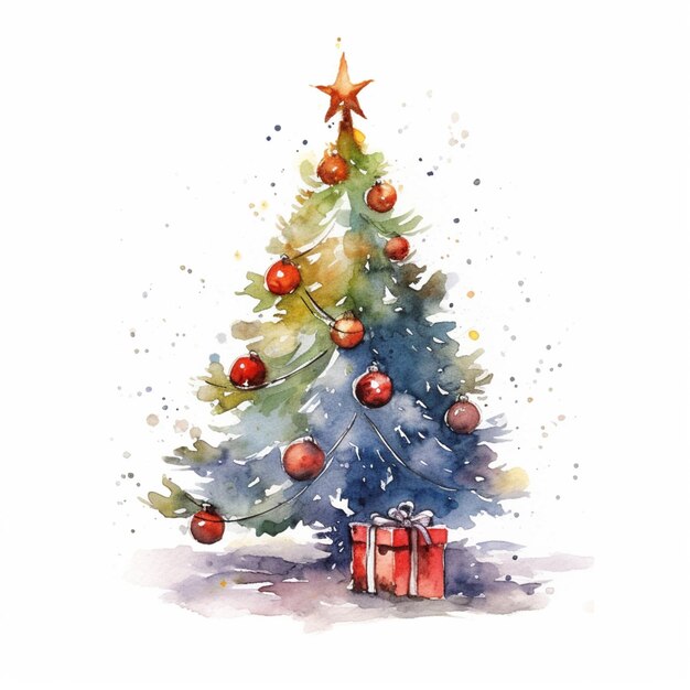 There is a watercolor painting of a christmas tree with presents generative ai