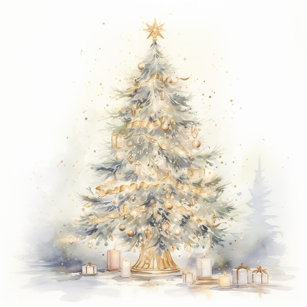 there is a watercolor painting of a christmas tree with presents generative ai