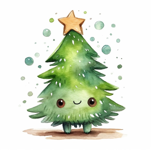 There is a watercolor painting of a christmas tree with a star on top generative ai