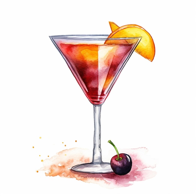 there is a watercolor painting of a cocktail with a cherry generative ai