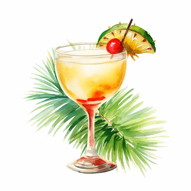 there is a watercolor painting of a cocktail with a cherry on the rim generative ai