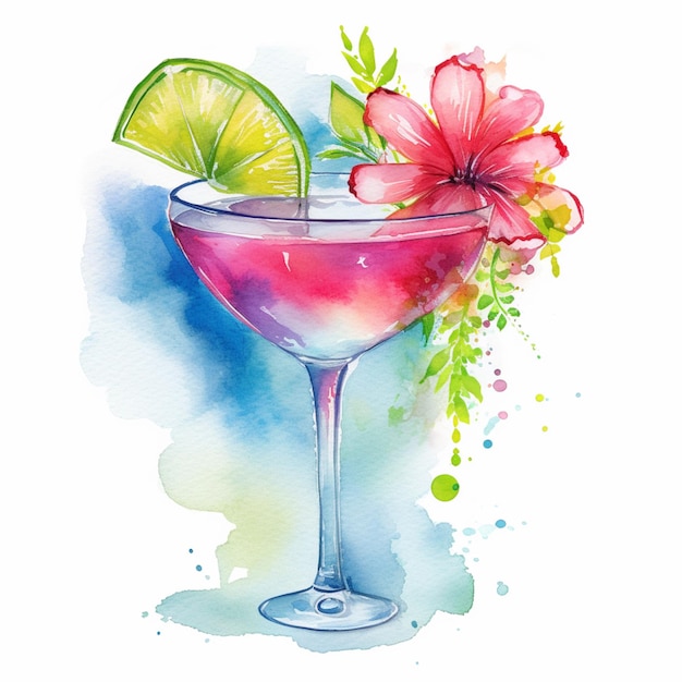 There is a watercolor painting of a cocktail with a lime slice generative ai