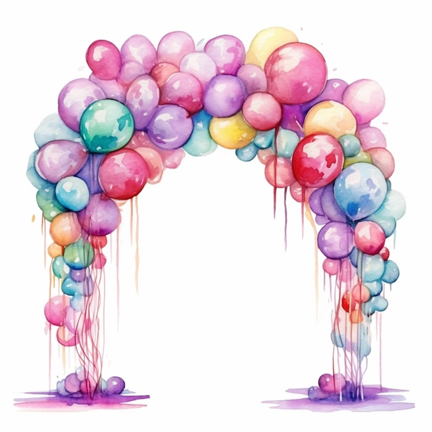 There is a watercolor painting of a colorful arch with balloons generative ai