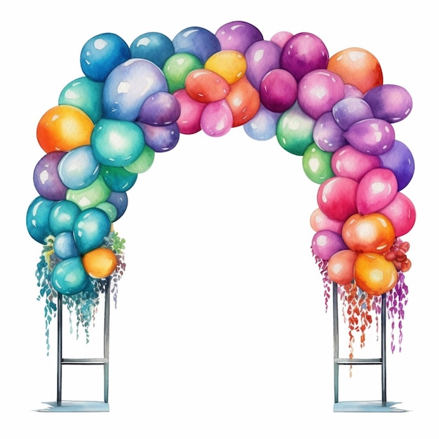 Photo there is a watercolor painting of a colorful arch with balloons generative ai