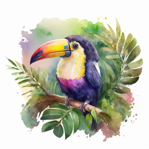 There is a watercolor painting of a colorful bird on a branch generative ai