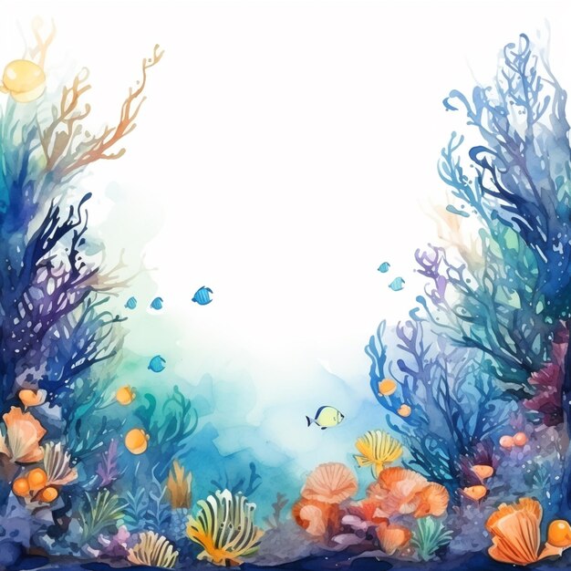Есть акварельная картина кораллового рифа с рыбой.
