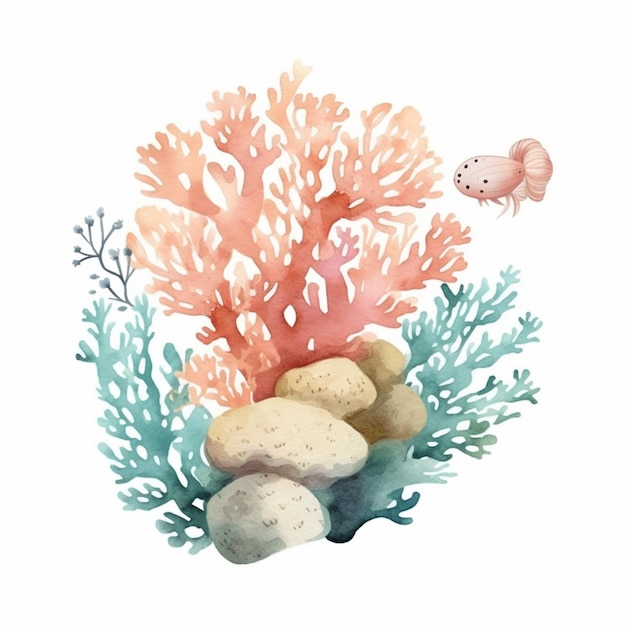 Photo there is a watercolor painting of a coral reef with a fish generative ai