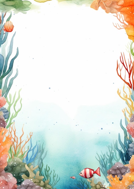 Есть акварельная картина кораллового рифа с рыбой.
